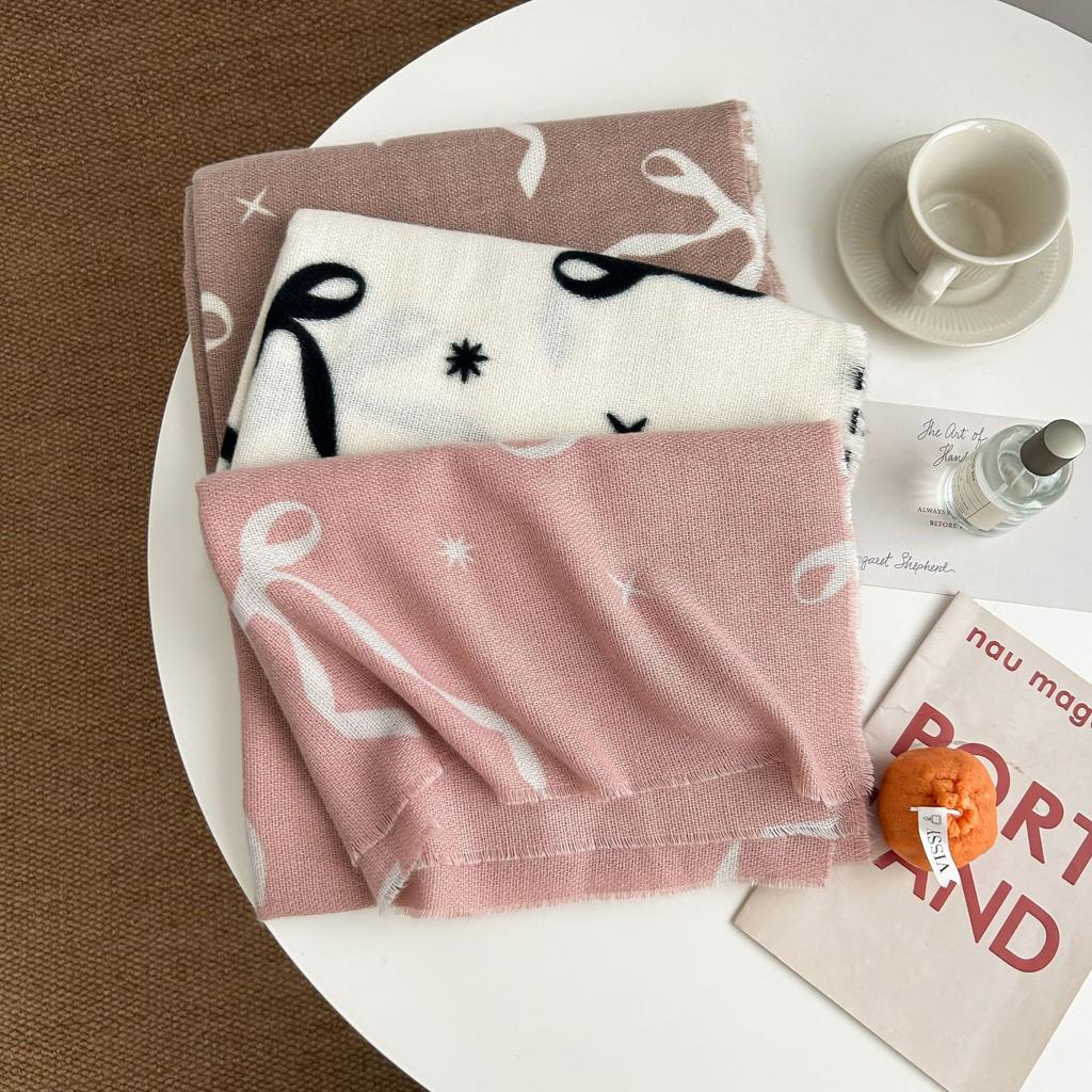 Autumn and Winter Sweet Fashion Imitation Cashmere Bow Printed Scarf Fashion Designer Temperament Warm Scarf