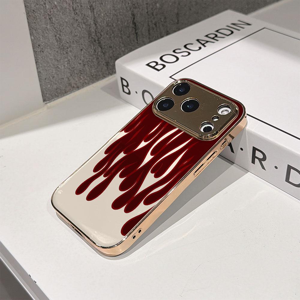 LUCKYSTART Ударопрочный Милый Чехол Чехол для Телефона Для iPhone 17 16 15 14 13 12 11 Pro Max 16E Золотой Гальванизированный Стеклянный Корпус Бордовая Крышка с Пламенем