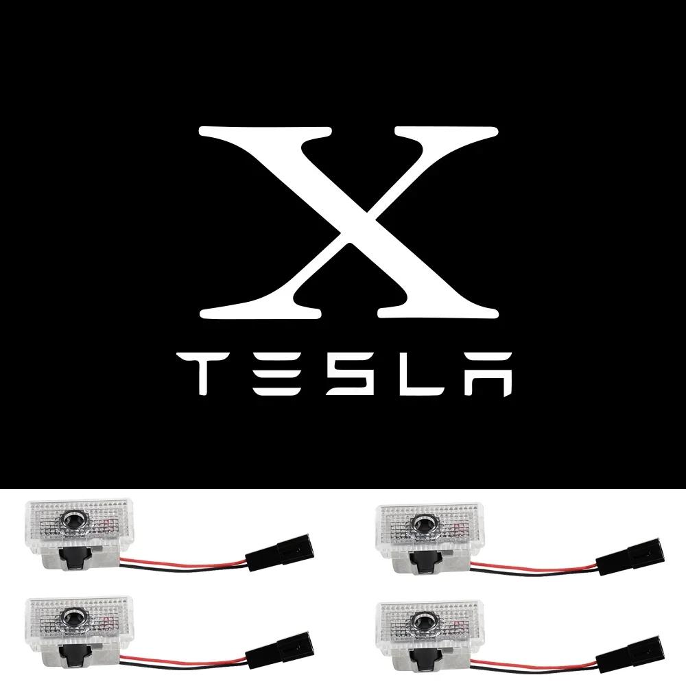 Car Sticker Tesla 4pcs/set For Tesla Model Y 3 S X Car Door LED Logo Projector puddle lights HD Welcome Light 3D Laser Ghost Sha
