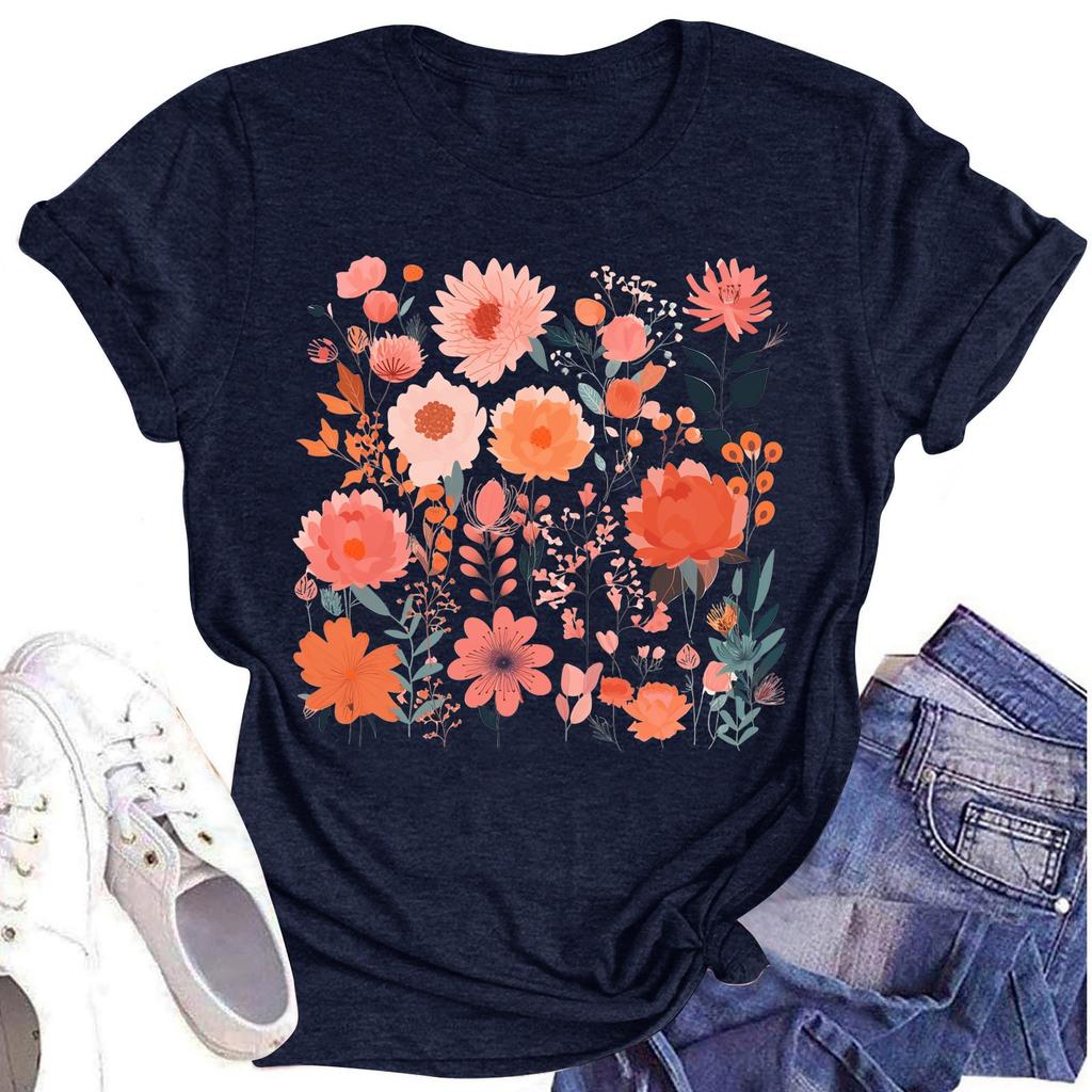 Женская повседневная футболка с круглым вырезом и цветочным принтом, короткий рукав