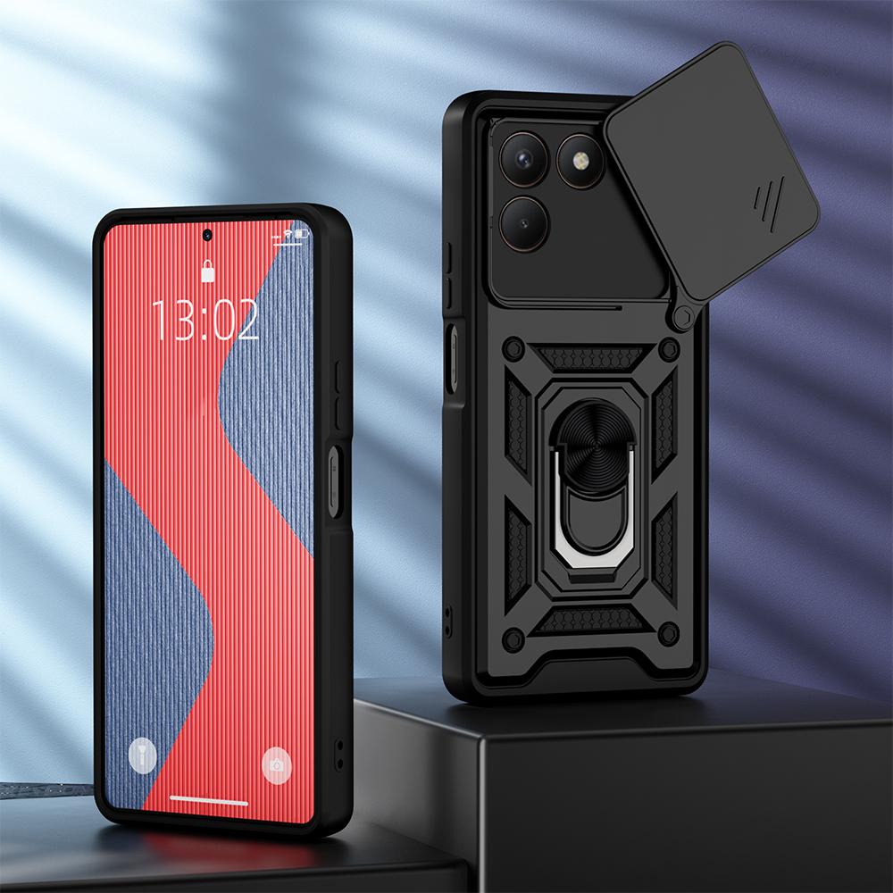 KEYSION Противоударный бронированный чехол для TECNO POVA 7 4G со сдвижной защитой объектива камеры, металлической кольцевой подставкой, задней крышкой для телефона для TECNO Pova7