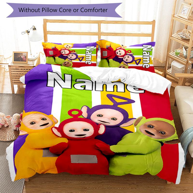 3pcs Teletubbies2 Cover Set - Personalized Name, HD Printed Bedding with 1 Cover and 2 Pillowcases - Perfect for Home Decor, Easy Care