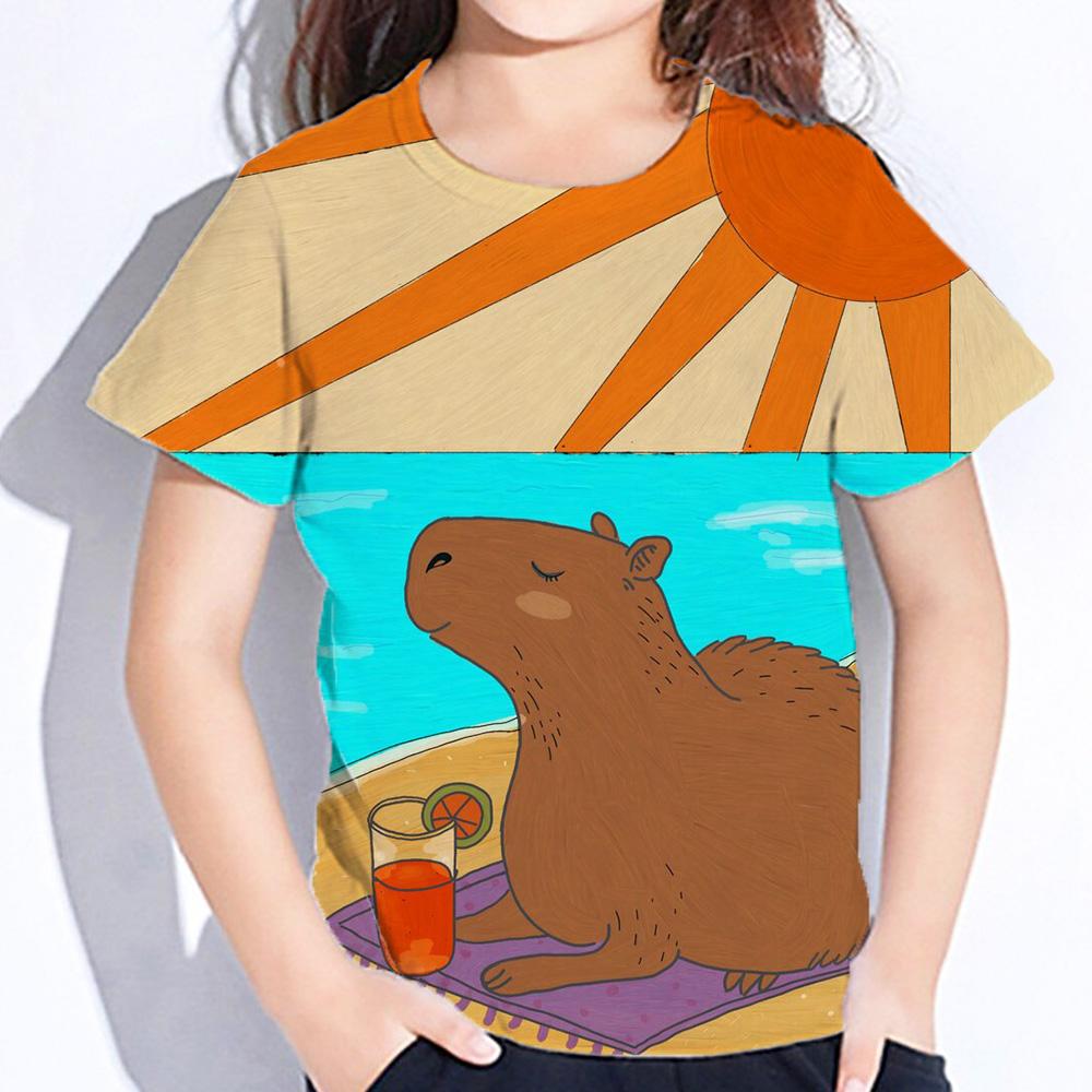 Детская одежда с принтом капибары, футболка для девочек с коротким рукавом, летняя одежда для детей с героями мультфильмов, повседневная одежда для девочек на открытом воздухе, топы