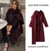 Fashion Woman Overcoat Loose Set Lace Up Belt with Scarf Full Sleeves Warm Coat Solid Color Burgundy Outwear Autumn Winter Office Lady British Style