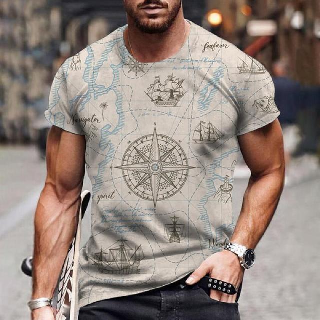 Vintage Men's Short Sleeve Shirt Compass Print T-shirt Nautical Tops Summer O-Neck Sweatshirt Tees Designer Daily Mens Clothing