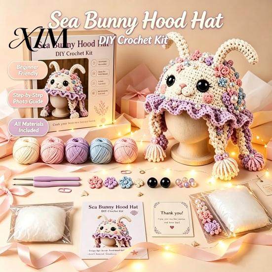 Creative Hobby for Adults Animal Hood Hat Crochet Kit, DIY Earflap Easy Supplies Cute Craft Kit Beginners, Handmade Winter Headwear
