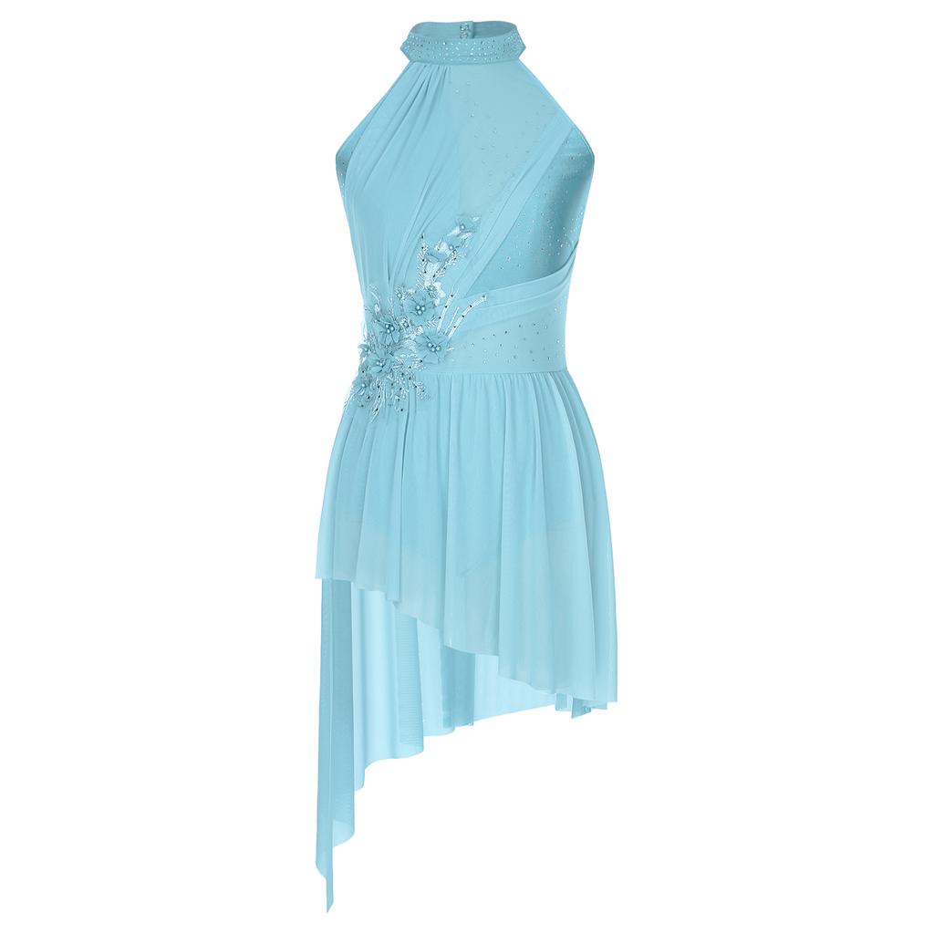 Женский купальник для выступлений, платье с халтером, бретельки на спине, асимметричный подол, блестящие стразы, костюм для сцены и соревнований