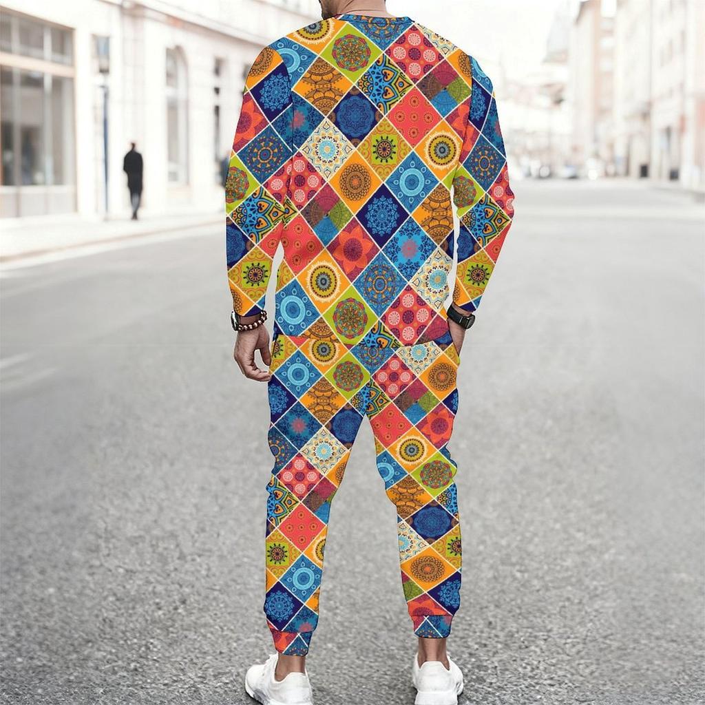 Men Black Blue Bohemian Mandala Partial Print Long Sleeve Sweatshirt Jogger Pants Two Piece Suit