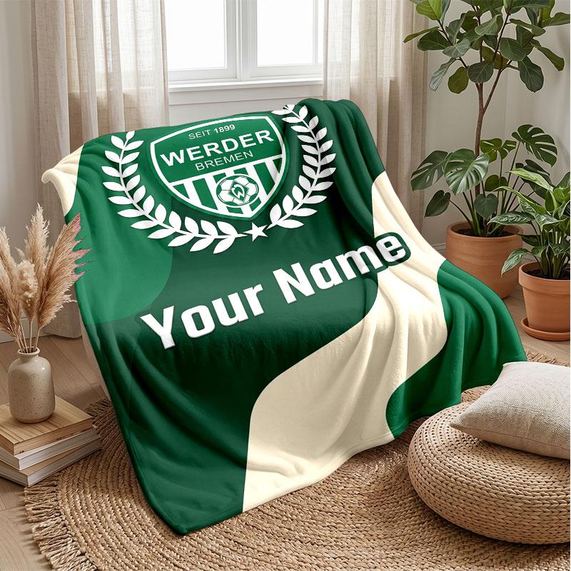 Werder Bremen FC Custom Name Text Flannel Blanket Soccer Logo Personalized Fleece Throw Blanket Special Gift For Sofa Bedroom Home