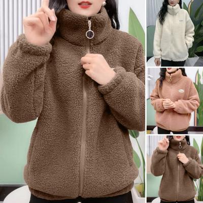 Женское зимнее пальто из шерпы, нечеткое теплое сплошное цветное воротник-стойка, свободный крой, застежка-молния, двойной карман с заниженным плечом и длинными рукавами, женское женское пальто