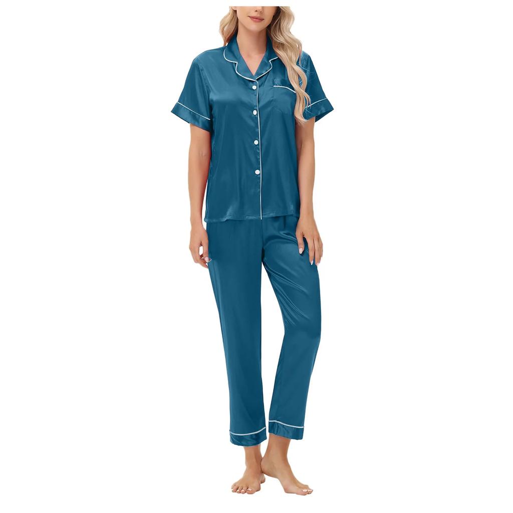Ice Silk Pajamas Satin Suit Short-sleeved Trousers Plus Size Women's Home Wear