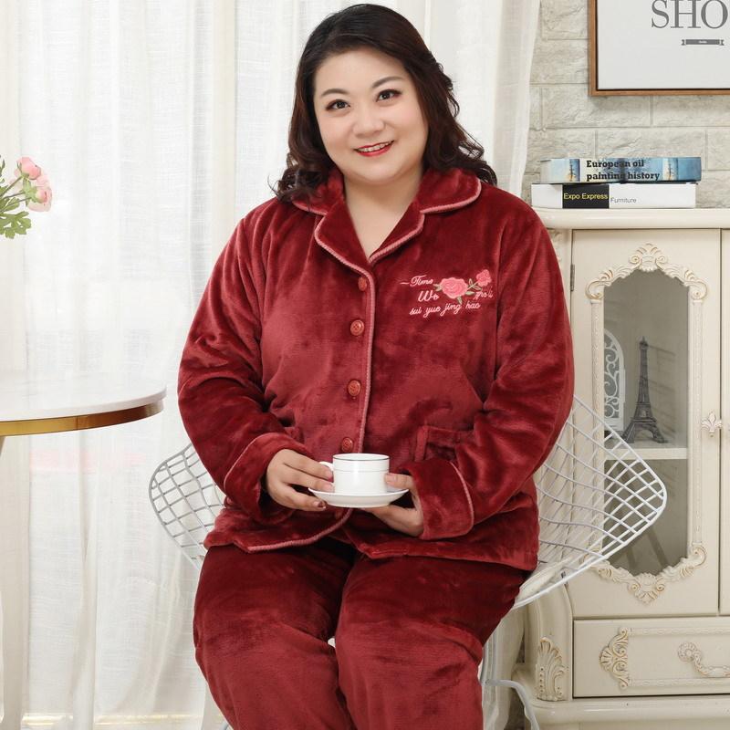 Fat MM Winter Long Sleeve Cardigan Thickened Flannel Pyjamas 5XL Older Plus Size Pyjamas Set