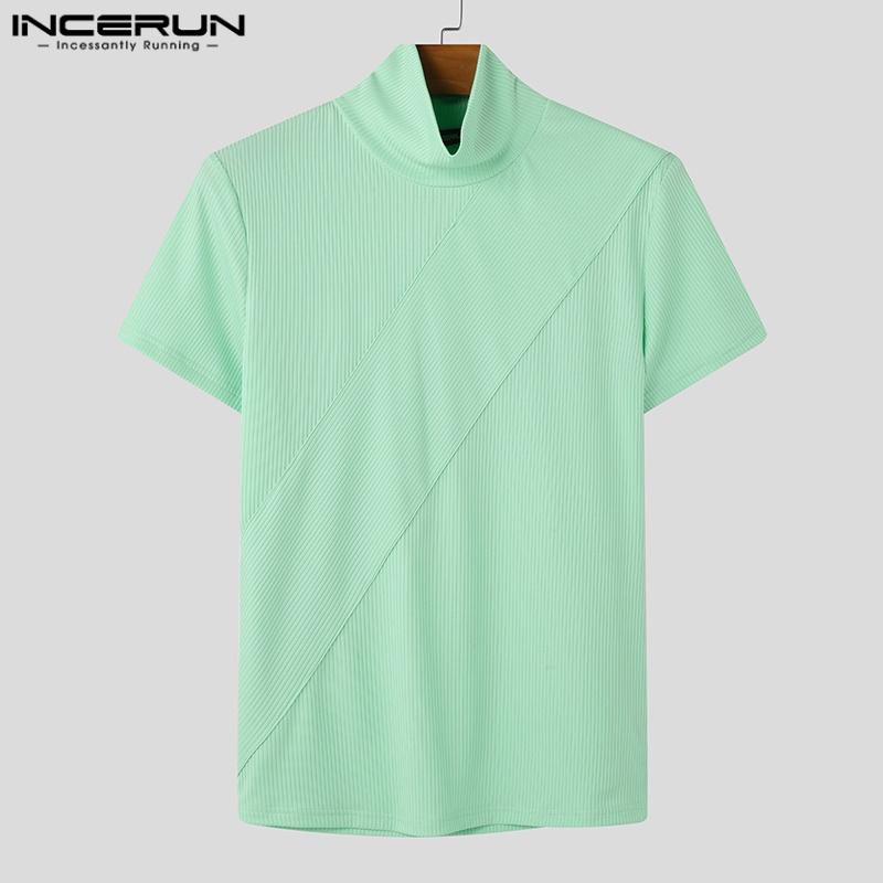INCERUN Летние мужские футболки с высоким воротом и коротким рукавом в рубчик, облегающие повседневные футболки, топы