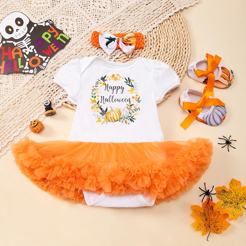 Оранжевые тыквы детские костюмы на Хэллоуин для девочек комплекты одежды для новорожденных кружевной комбинезон Petti детская обувь повязка на голову 3 шт. детская одежда