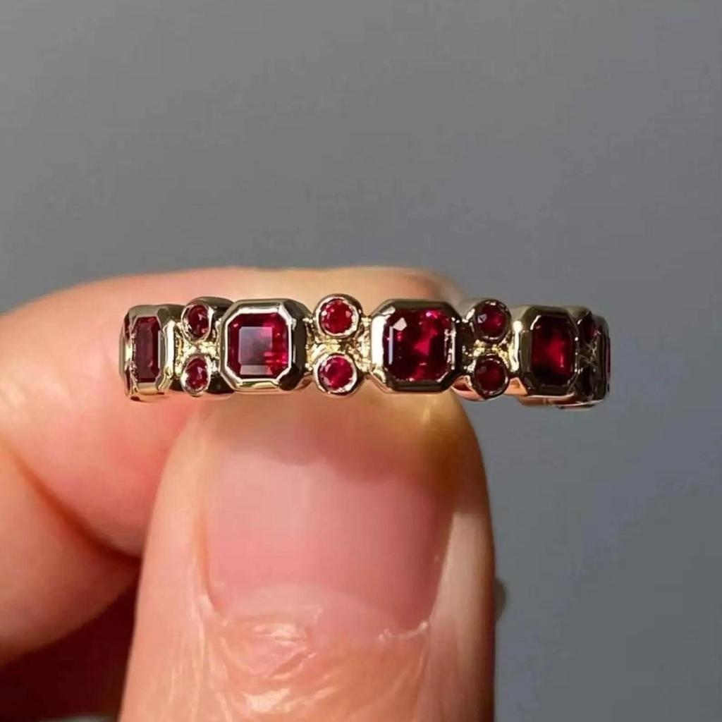 Princess and Round Cut Lab Ruby Half Eternity Ring: Rose Gold Plated Bridal Band: Art Deco Wedding Jewelry Gift for Women