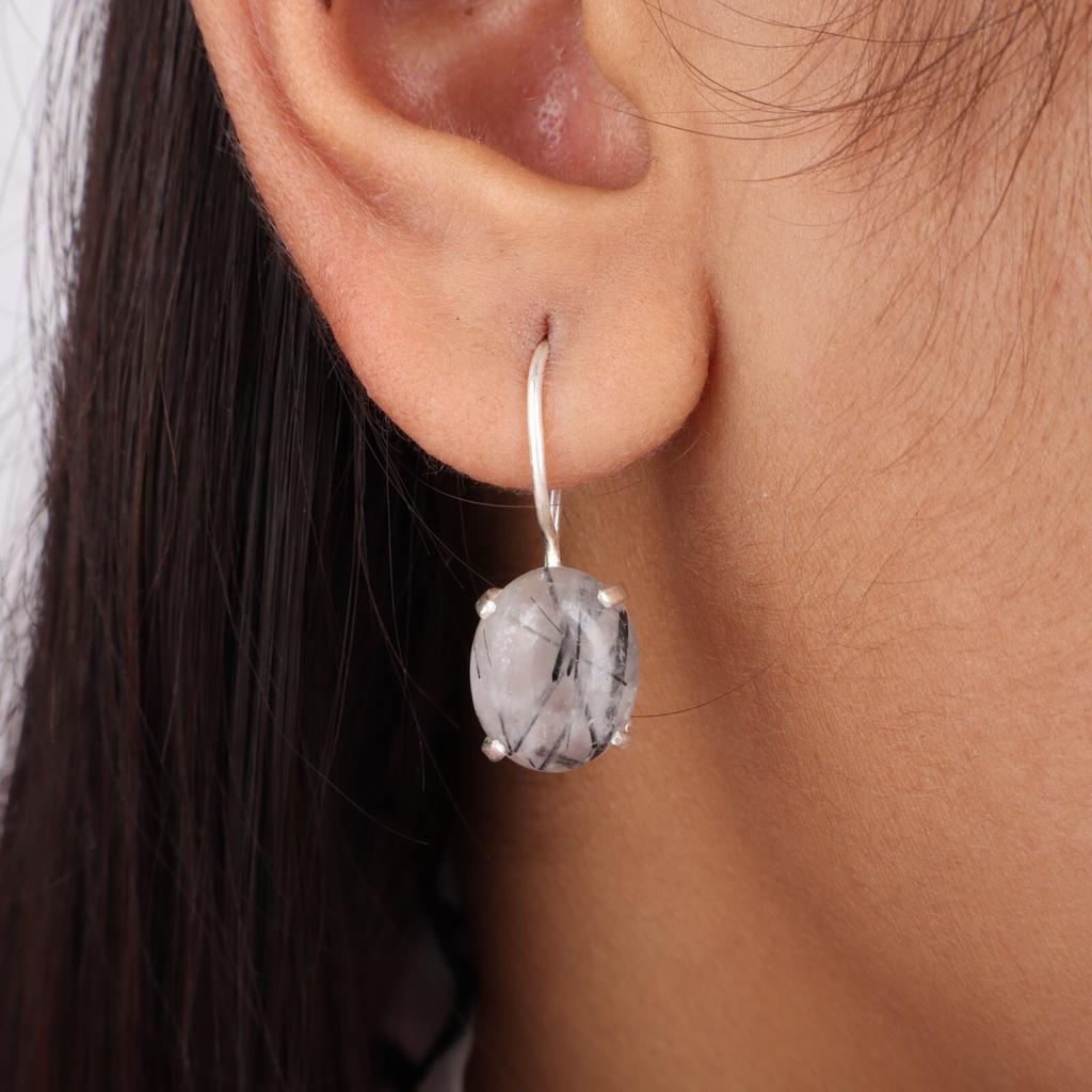 Natural Black Rutile Gemstone 925 Sterling Silver Jewelry Handmade Earrings1.05" EE-173-29