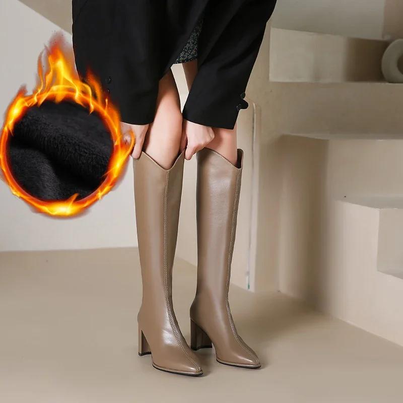 Осенне-зимние женские сапоги, высокие сапоги до колена в стиле ретро с острым носком, узкие сапоги, высокие женские сапоги на молнии, толстые, на высоком каблуке, простые толстые сапоги