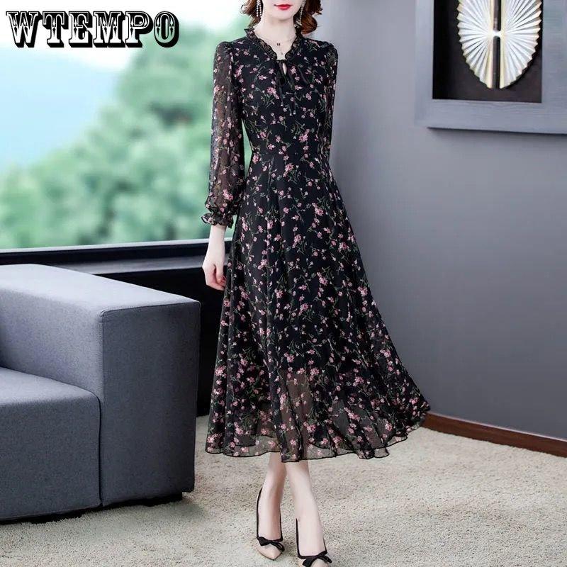Весенне-осеннее женское платье, шифоновая блузка, женское летнее платье с длинными рукавами и цветочным принтом, юбка с большой нижней частью