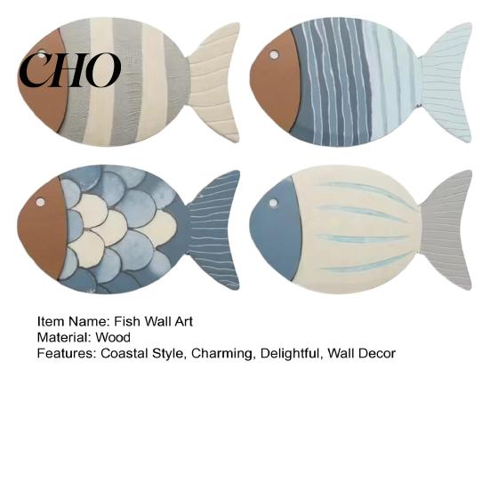 Seaside Wall Decoration 4 Pcs Coastal Wooden Fish Art Rustic Nautical Ocean Sculpture for Living Room Lake House Bathroom Entryway
