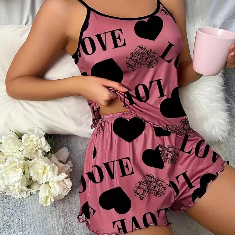 Women's Heart Print Summer Sleepwear Cami Top and Shorts Night Sleep Wear Pajamas 2 Pcs One Set Comfy Top with Shorts Pajamas