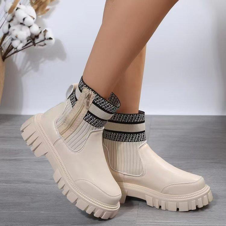 New In Stock Thick Soled Round Toe Elastic Knitted Spliced  Boots for Women European and American Plus Size Warm Socks Boots