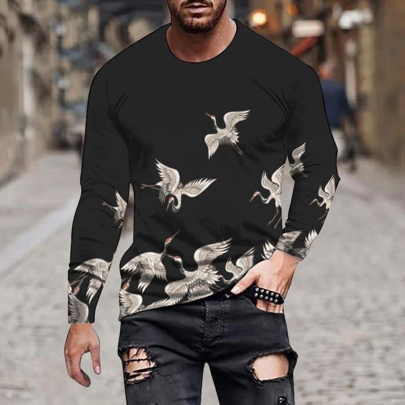 Crane Bird Pattern Beautiful Animals 3D Printed Men's T-shirts Autumn Casual Loose Round Neck Long Sleeves Tops