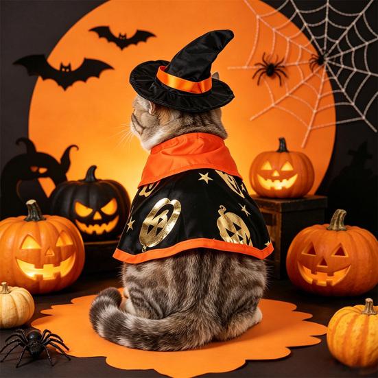 1 Set Pet Halloween Costume, Cat Wizard Hat And Cape, Cute Pumpkin Print Pet Apparel for Small Dogs Cats Festive Party Wear