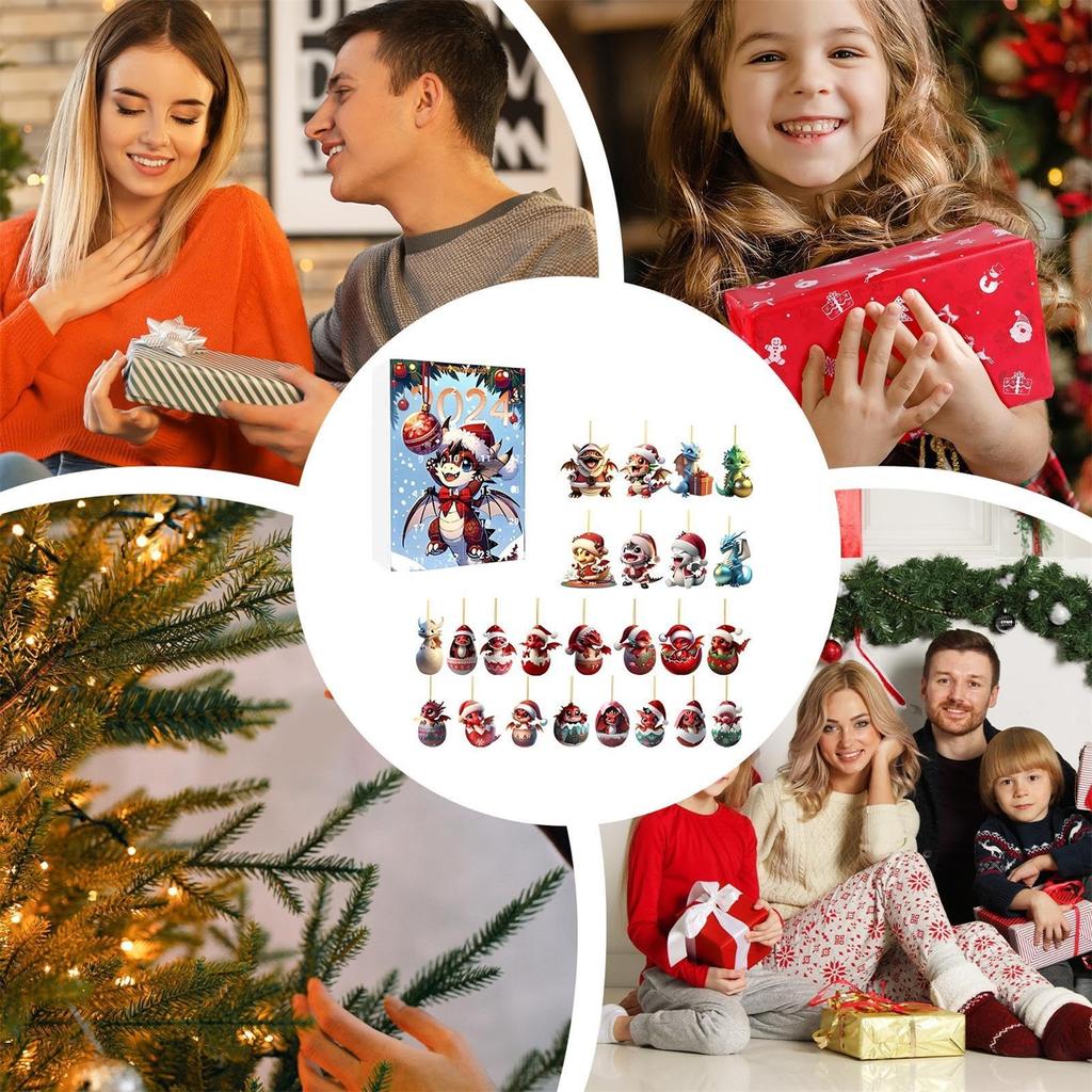 Адвент-календарь с драконом, рождественский календарь обратного отсчета с 2D-акриловыми игрушками-украшениями в виде динозавров, рождественский 24-дневный адвент-календарь для детей