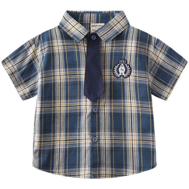 Children's Summer Clothing Boy's Short-Sleeved Shirt Kids Gingham Shirt Baby Lapel Preppy Style Tie Casual Clothes