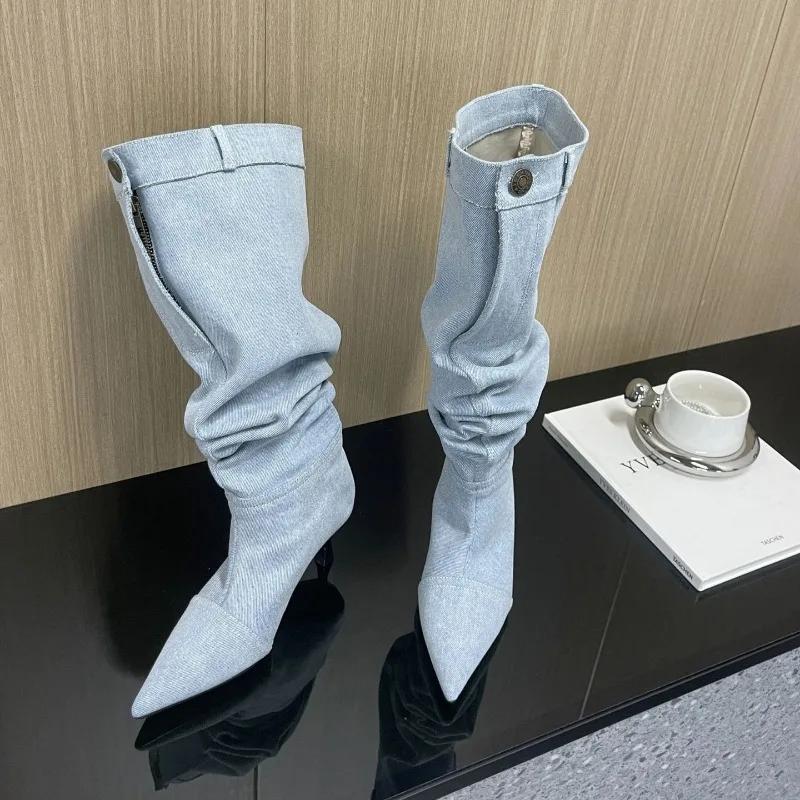 Fashion New Style Car Stitching Pleated Lazy High Cylinder Stack Boots Women's Autumn and Winter Brown Black Slim Heel Knee High Boots