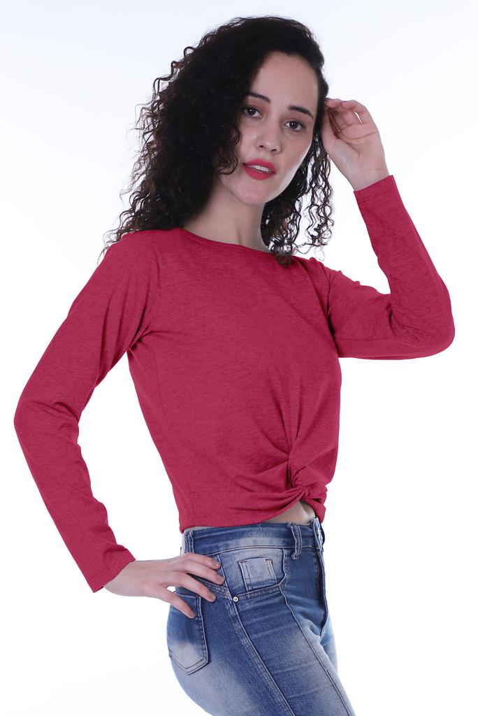 Moomaya Womens Full Sleeves Front Knot Crop Top Summer Tshirt Plain Tee Tops