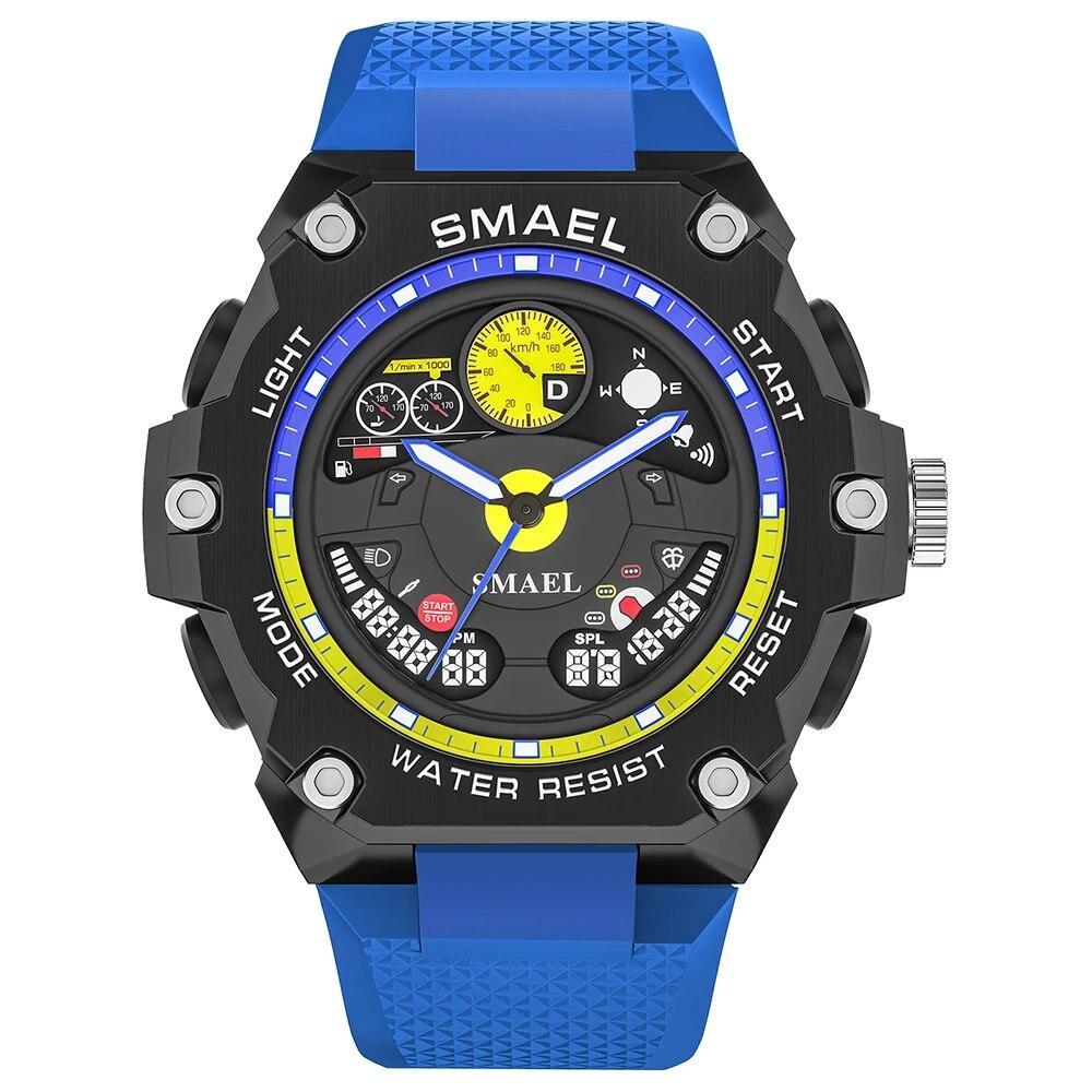 SMAEL Электронные цифровые часы с двойным дисплеем, спортивные часы, водонепроницаемые часы 50 м, будильник 8092, молодежные модные кварцевые наручные часы