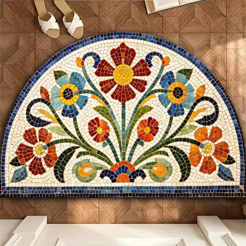 Boho Floral Mosaic Semicircle Welcome Doormat Water-Absorbent and Non-Slip Entrance Rug Indoor Outdoor Home Decoration