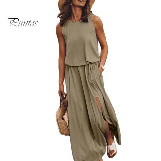 Женское летнее платье с плиссировкой, круглым вырезом, без рукавов, однотонное, свободное, с разрезом, макси-платье, повседневная одежда для свиданий, вечеринок, длинное платье