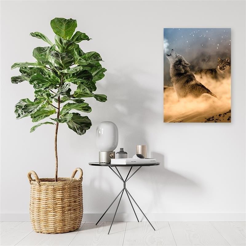 Canvas Print, Two Wolves Howling At Night To the Moon
