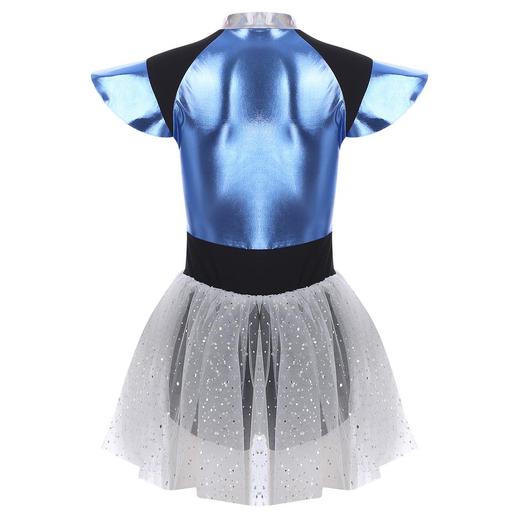 Womens Space Cadet Jumpsuit Flared Sleeve Front Zip Closure Sequined Tulle Skirt Attached Boyshorts Astronaut Cosplay Bodysuit