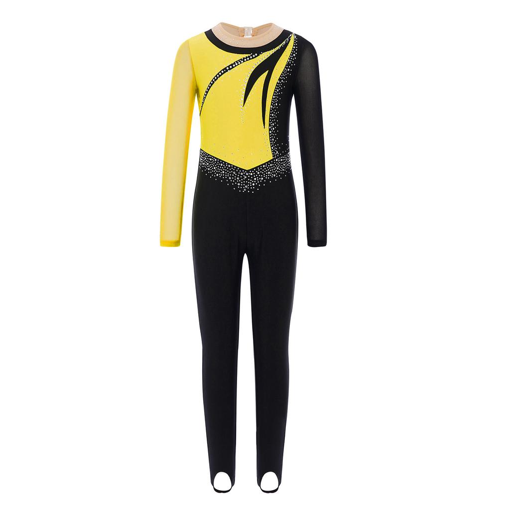 Girls Mesh Long Sleeves Keyhole Back Shiny Rhinestones Color Block Dance Jumpsuit Gymnastics Performance Costume