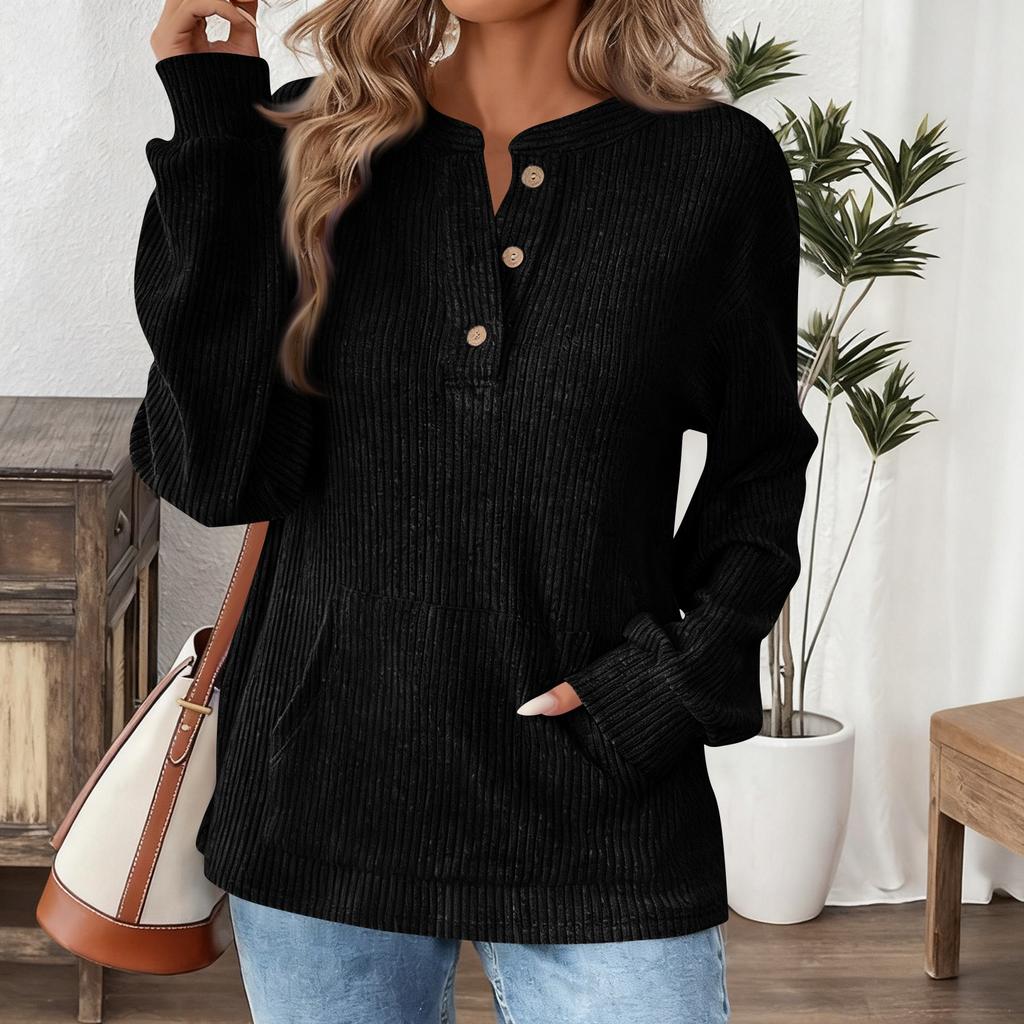 Women's Fashionable Solid Color Round Neck Button Pocket Loose Long Sleeved Pullover Top