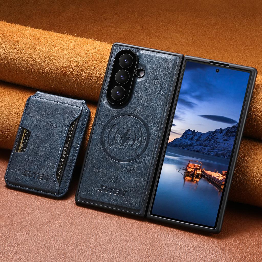 SUTENI Magnet Wireless Charging Luxury Faux Leather Phone Case Card Holder Stand for Samsung Galaxy Z Fold 7 6