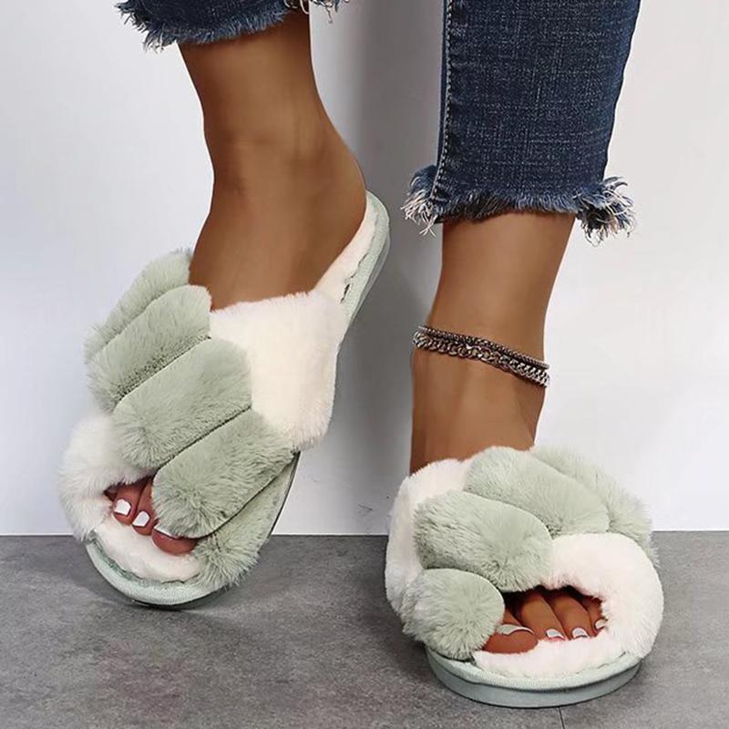 Модные тапочки из меха смешанных цветов для женщин Осень Зима 2025 Мягкая подошва Длинный плюш Для дома и улицы Шлепанцы Женские Пушистые Уютные