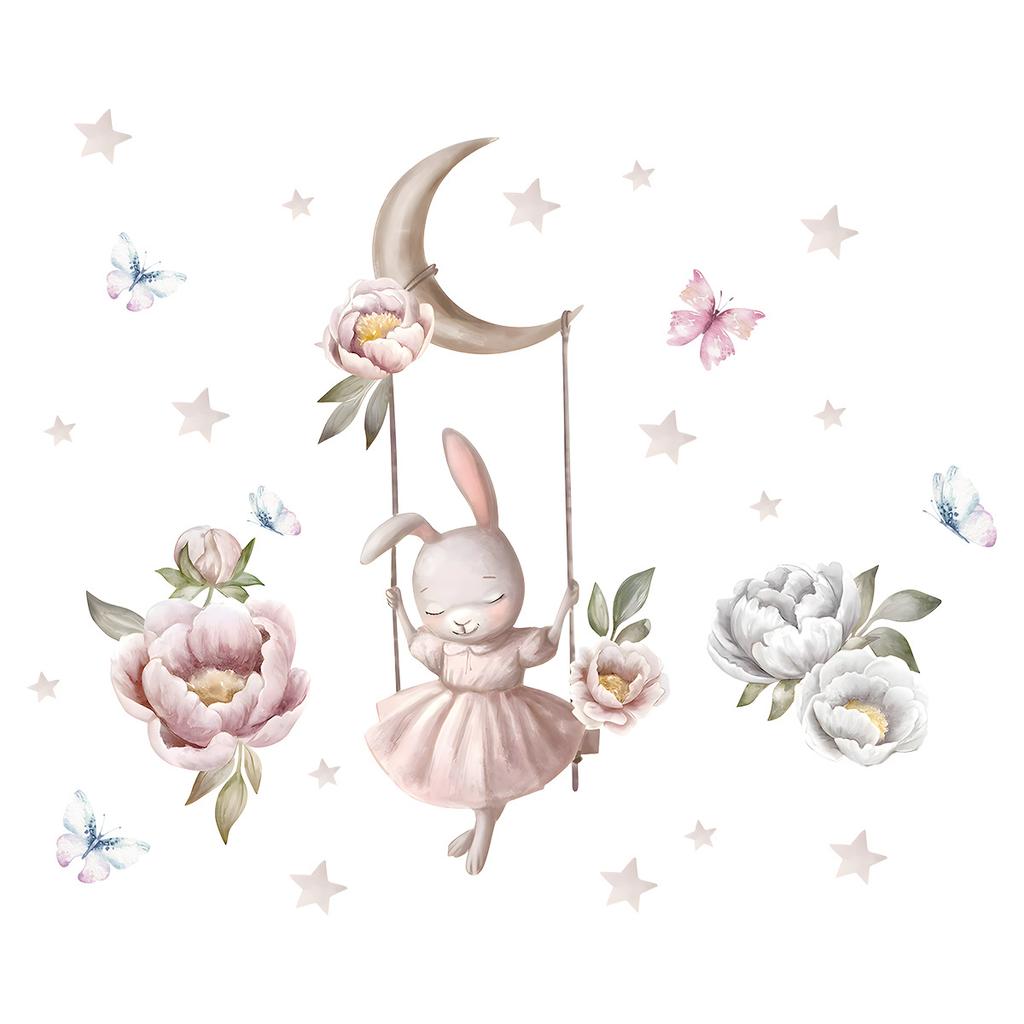 Watercolor Cartoon Rabbit Flower Butterfly Wall Stickers Removable for Kids Girls Rooms Nursery Children Wall Decals Home Decor