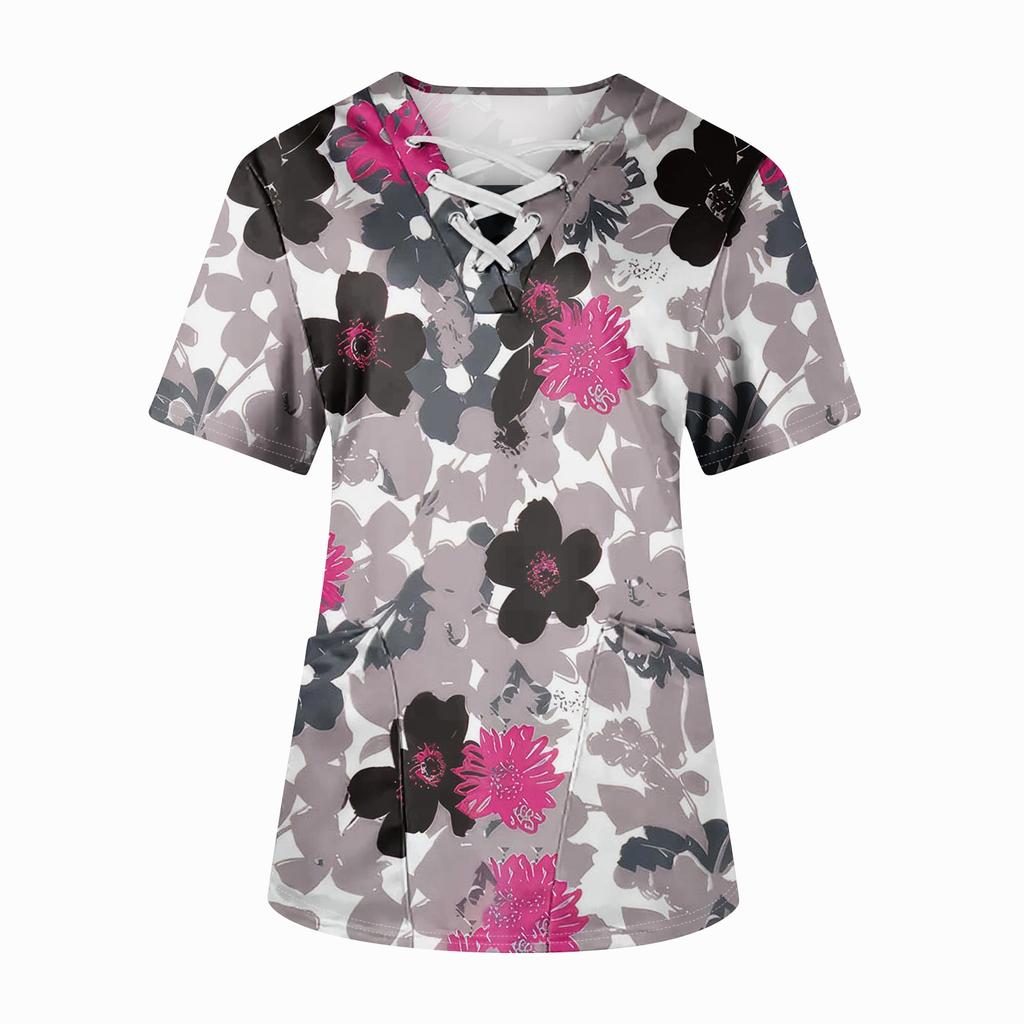 Плюс размерСкраб с принтом Рабочая форма Топы для женщин Крест V-образным вырезом Хэллоуин Принт с короткими рукавами Забавные футболки Спецодежда Футболка с карманами