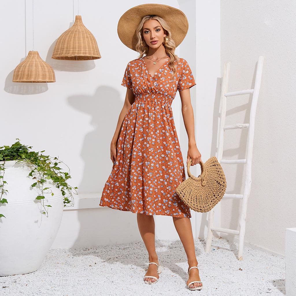 Женская мода лето весна цветочный узор принт с коротким рукавом V-образным вырезом с высокой талией повседневные платья