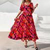 Casual Women's Summer Dresses Puff Sleeve Floral Maxi Dress Gathered Open Back Flowing Layered Beach Maxi Dress