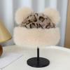 Winter Hat Retro Style Leopard Print Plush Trim Windproof Hat Bear Ear Decor Thickened Warm Women Hat