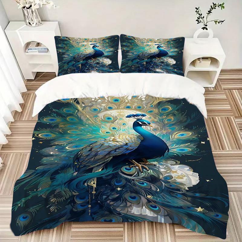 3pc Peacock Feathers Cover Set - 1 Quilt Cover + 2 Pillowcases, All Seasons Bedroom Setting, Perfect for Home017