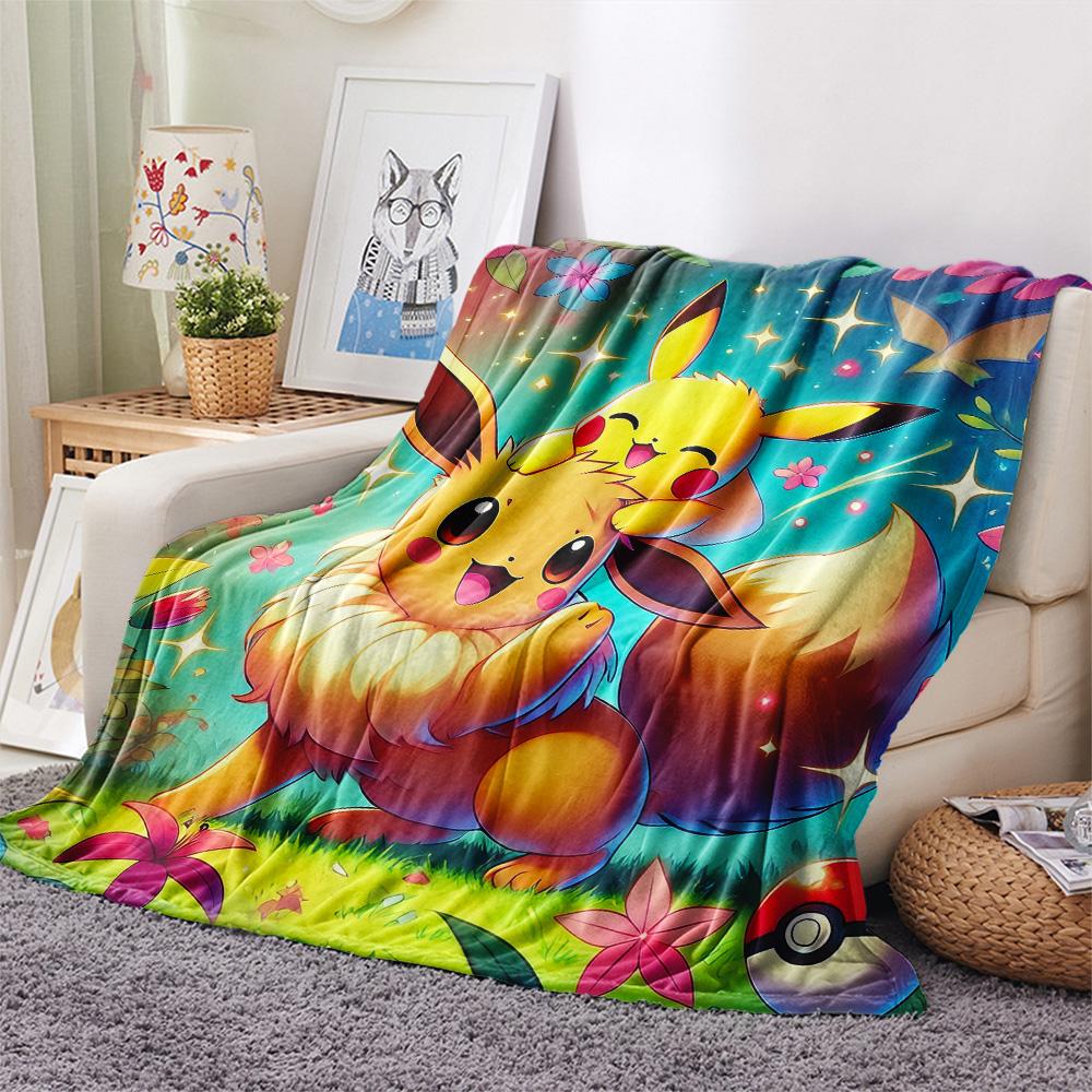 Pikachu and Eevee Print Flannel Blanket, High quality Comfortable for All Seasons, Home Decor, Warmth and Comfort