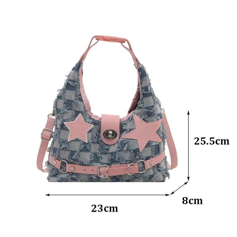 Pink Star Purse and Handbags Aesthetic Plaid Denim Shoulder Bag Punk Leisure Outdoor Crossbody Bag For Women CLE