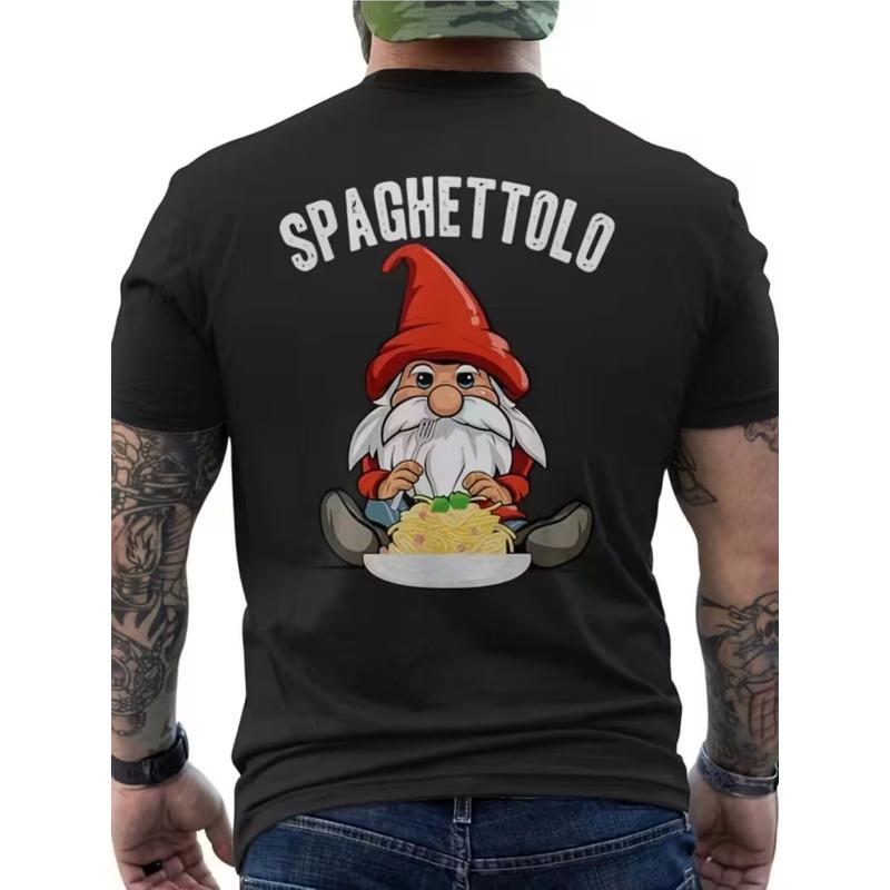 Men's T-shirt with Christmas Elf Print on the Back - Spaghettolo Pasta Lover's Graphic Tee, Black Shirt with Red and White Text - Regular Fit Short