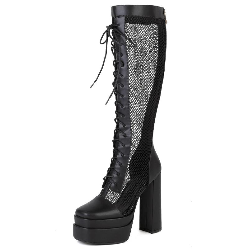 Сексуальные летние сапоги женские на платформе блочный высокий каблук сапоги до колена 2025 черные белые шнуровка сетка фетиш обувь для вечеринки большой размер